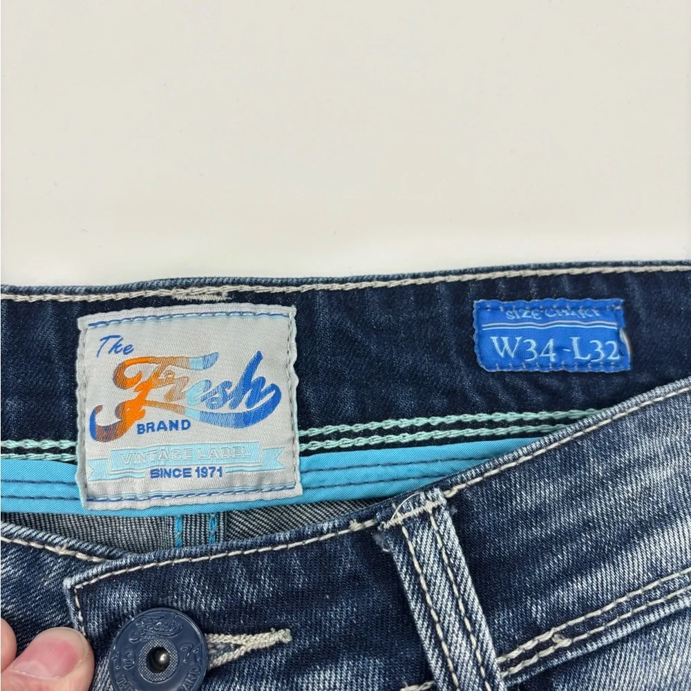 The Fresh Brand JEFF Jeans Mens 34x32 Distressed Straight Blue‎ Denim Camo Lined